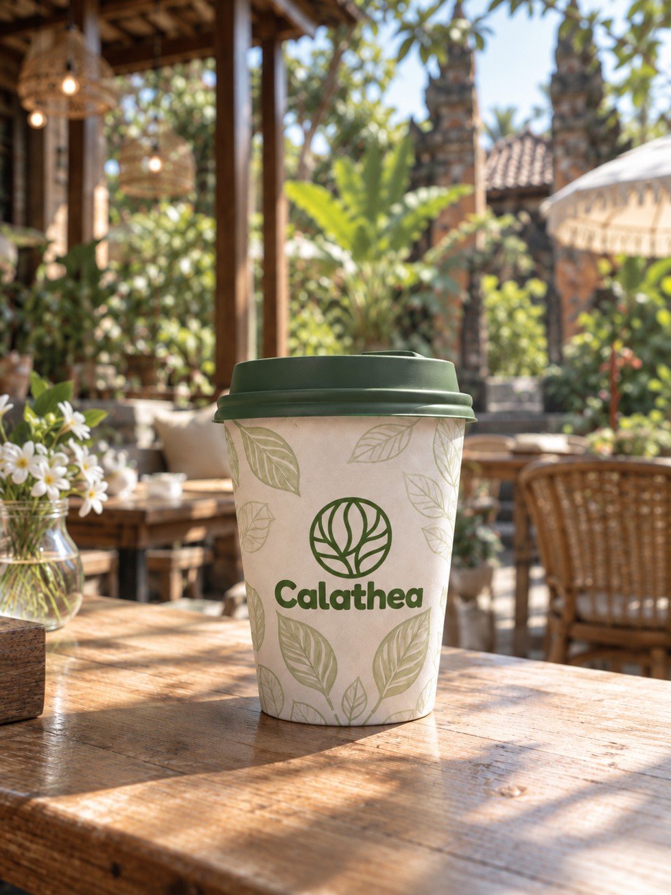 Calathea's botanical takeaway cup in a sunlit café